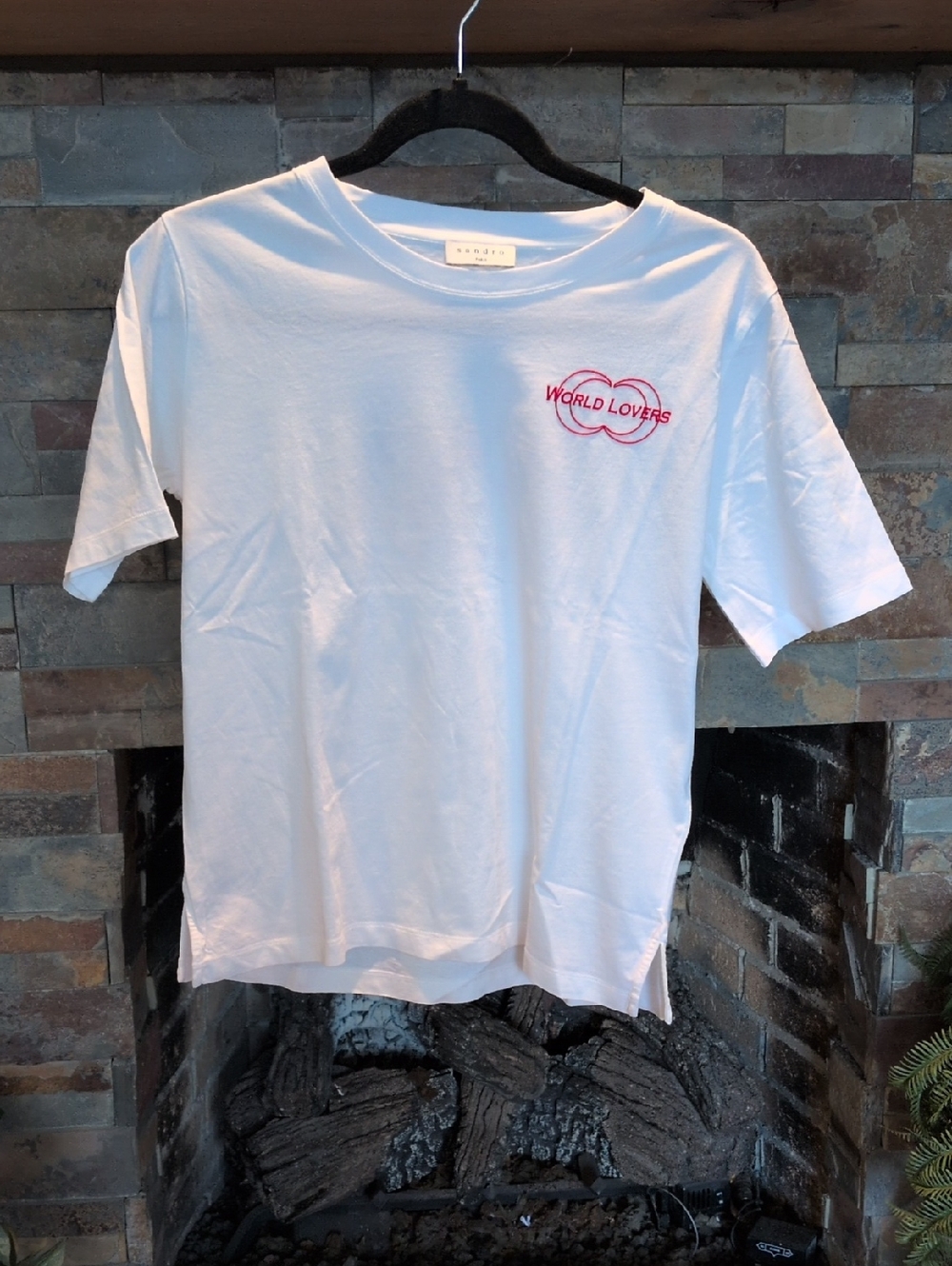 Sandro White Short-Sleeve Tee with Red 'World Lovers' Chest Graphic
